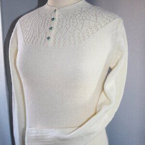 Susan Bristol Vtg Sweater Pullover Sz 36 Shetland Wool Knitted White Lace Yoke